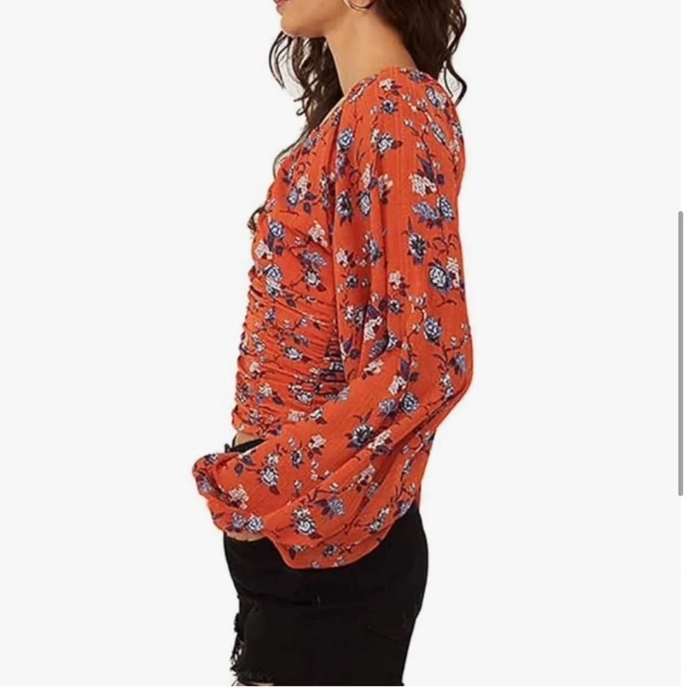 Free People Final Rose Rust Floral Ruched V-Neck Blouse XS